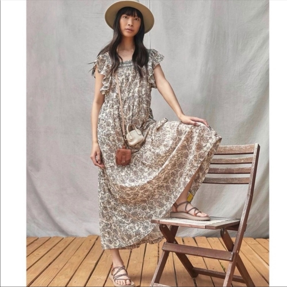 Free People Floral Maxi Dress in Cream and Brown